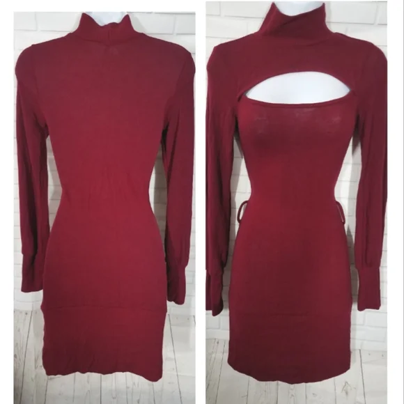 entro | Dresses | Entro Burgundy Red Cut Out Mock Neck Dress